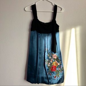 Blue silk dress with colorful flower embroidery